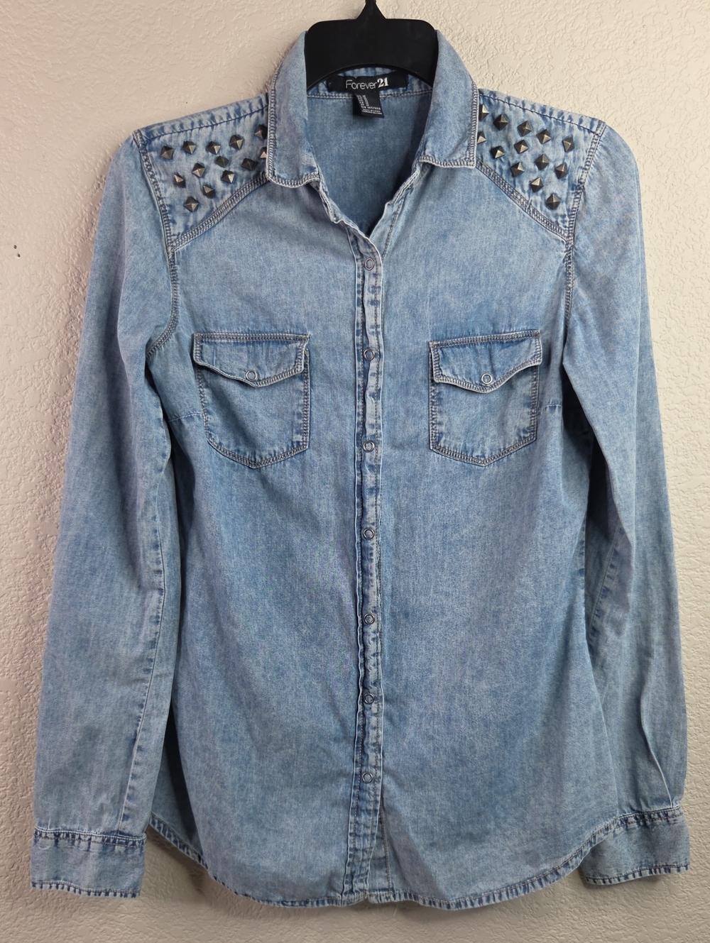 Forever 21 Light Wash Denim Snap Button Shirt with Studded Shoulders